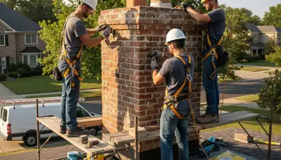 Austin, TX chimney repair crew fixing masonry, flashing, and storm damage on a home exterior
