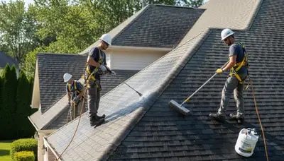 Austin, TX roof cleaning service removing algae, moss, and grime from a residential roof