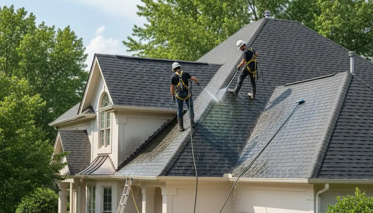 Austin, TX roofing team cleaning algae and grime from a home roof with professional equipment